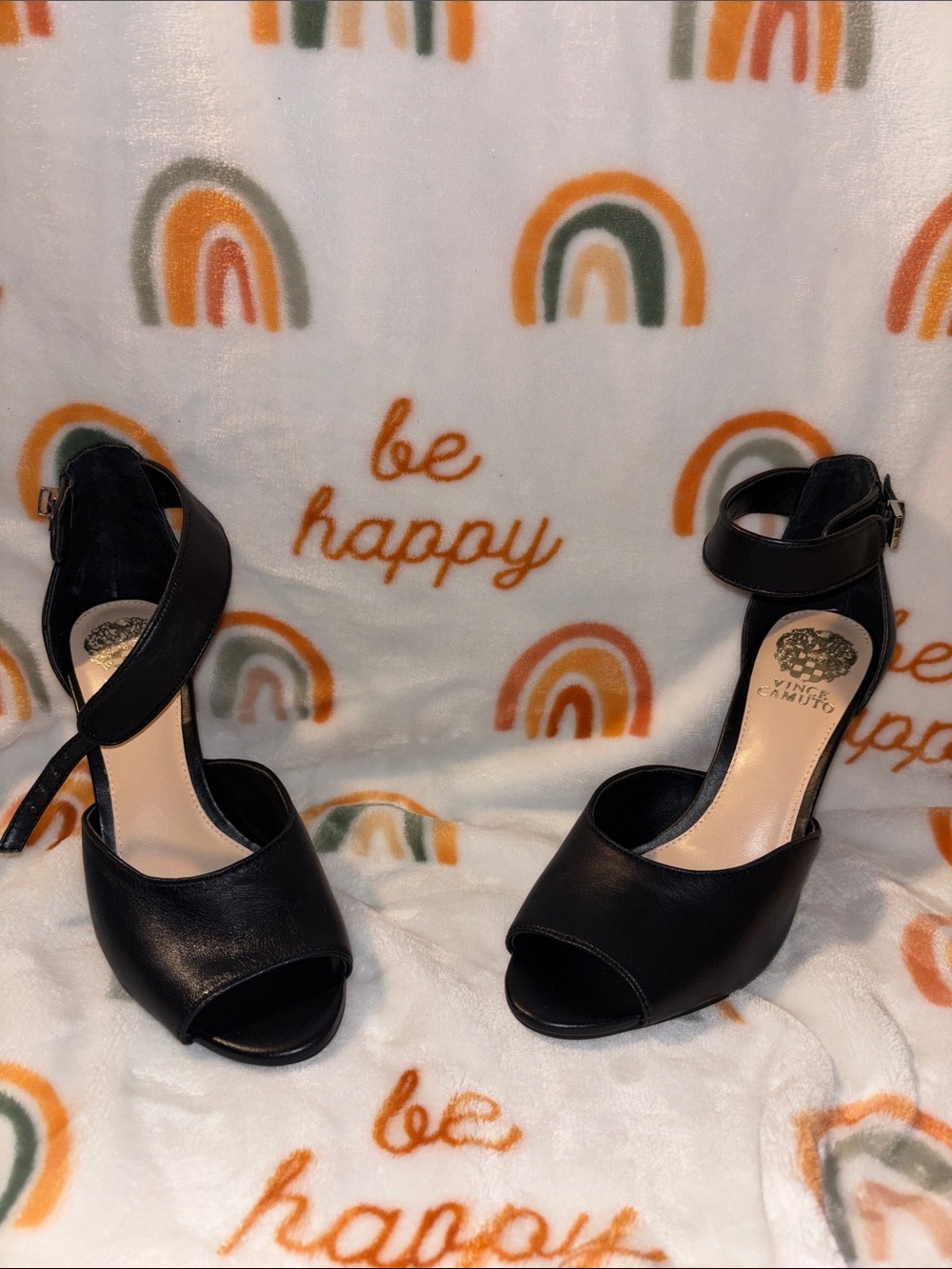 Vince Camuto Black Peep-Toe Ankle-Strap Heels with Crisscross Strap